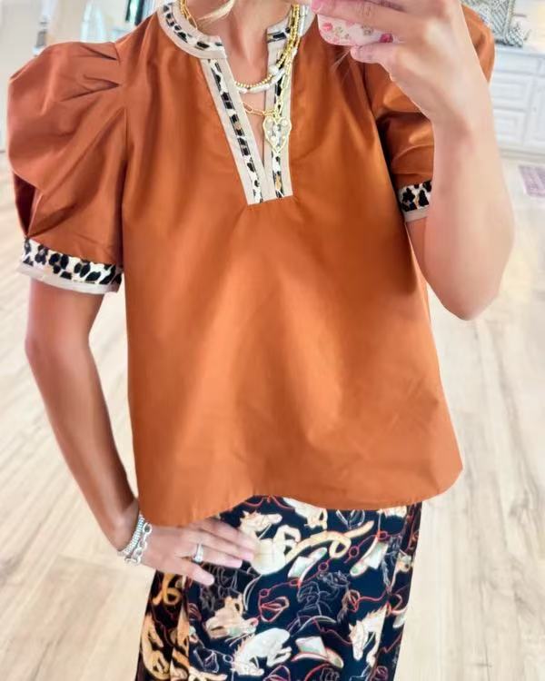Leisure Leopard Contrast Puff Sleeve Top - Trendy, Playful and Effortlessly Stylish