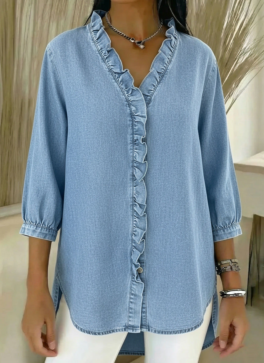 Women's Casual Denim V-Neck Ruffled Shirt | Buy 2 Save 5% | Buy 3 Save 10%