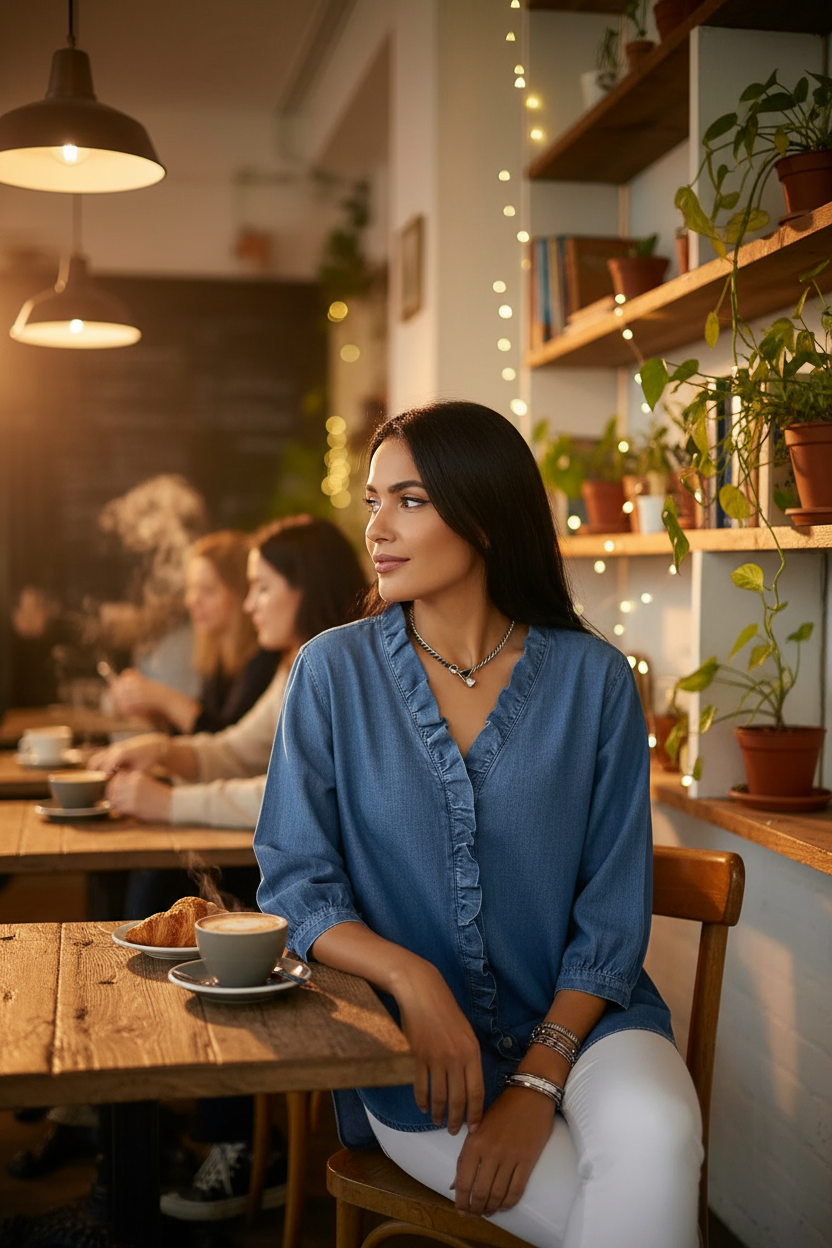 Navy Denim Ruffled Shirt - Cafe Scene