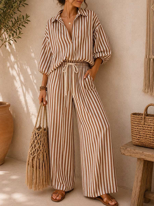 🎁Women's Striped Print Cotton-linen Set: Loose-fit Top With Lapel & 3/4 Sleeves, And High-waisted Wide-leg Pants