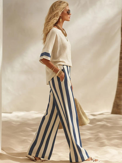 🎁Beige Textured Cotton-linen Color-block Top & Blue-white Striped Elastic Waist Wide-leg Pants Set